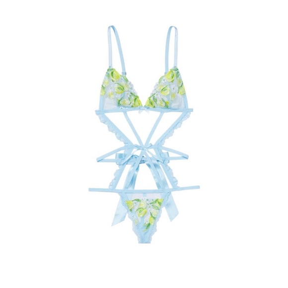 Victoria Secret Lingerie Teddy OnePiece Bodysuit Blue Yellow Floral Lemons Sheer - Picture 3 of 16